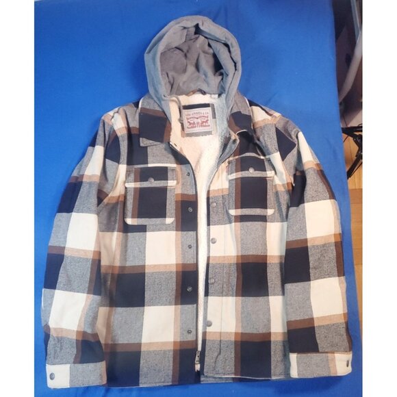 Levi's Other - Levis Mens Sherpa Lined Flannel Hooded Zip/Snap Jacket Brown Blue Plaid L